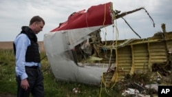 Обломки малазийкого авиалайнера, упавшего в Украине, осматривает член миссии ОБСЕ Александр Хаг (архивное фото)